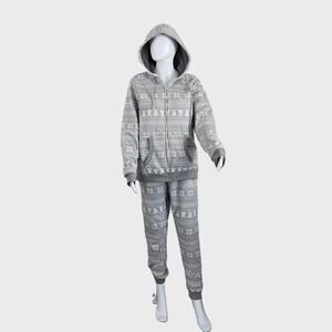 ADTN Mens Gray Fair Isle Snowflake Sherpa Lined Hoodie and Jogger Set Large